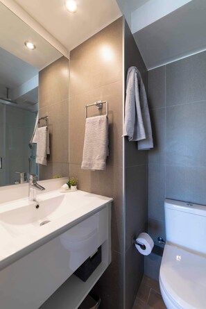 Shower, hair dryer, towels - Stylish Retreat: Designer Studio in Providencia (Providencia)