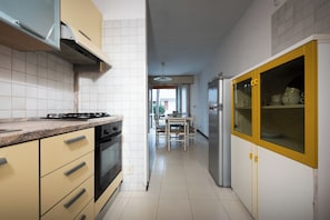 Fridge, oven, stovetop, cookware/dishes/utensils