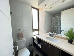 Shower, hair dryer, towels