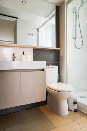 Shower, hair dryer, towels