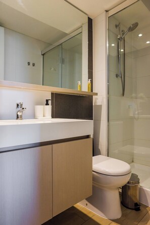 Regadera, secadora de cabello, toallas