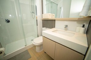Shower, hair dryer, towels