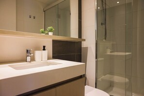 Regadera, secadora de cabello, toallas