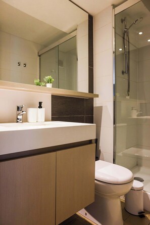 Regadera, secadora de cabello, toallas