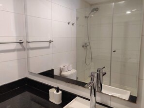 Shower, hair dryer, towels