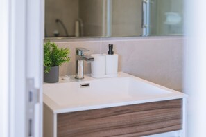 Chuveiro, secador de cabelo, toalhas de banho 