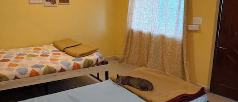 Una habitación con dos camas, una ventana con cortina y una pared decorada con cuadros.
