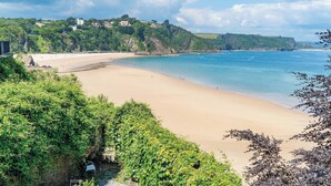 Une plage côtière avec un rivage sablonneux, une végétation luxuriante et des maisons situées sur une colline.