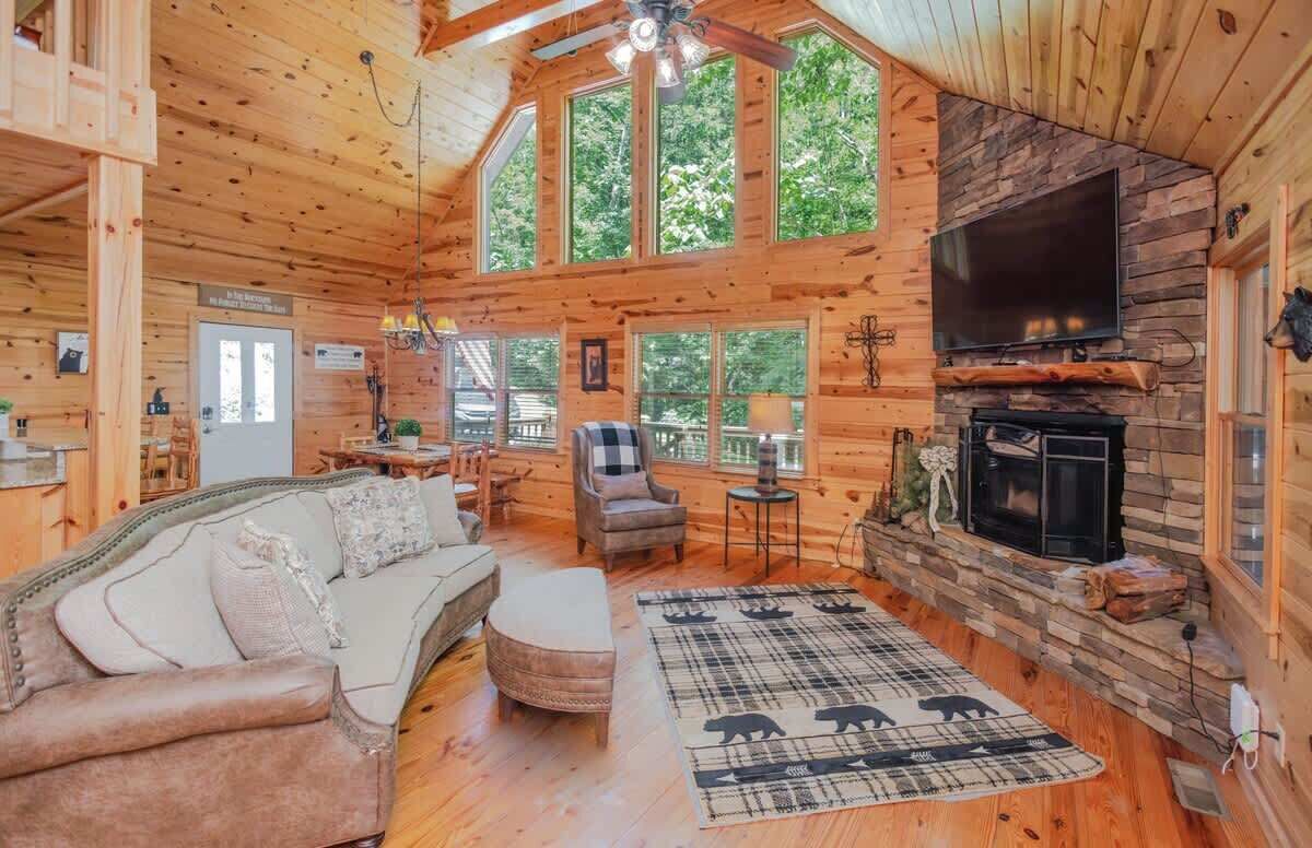 TV, fireplace, books, offices