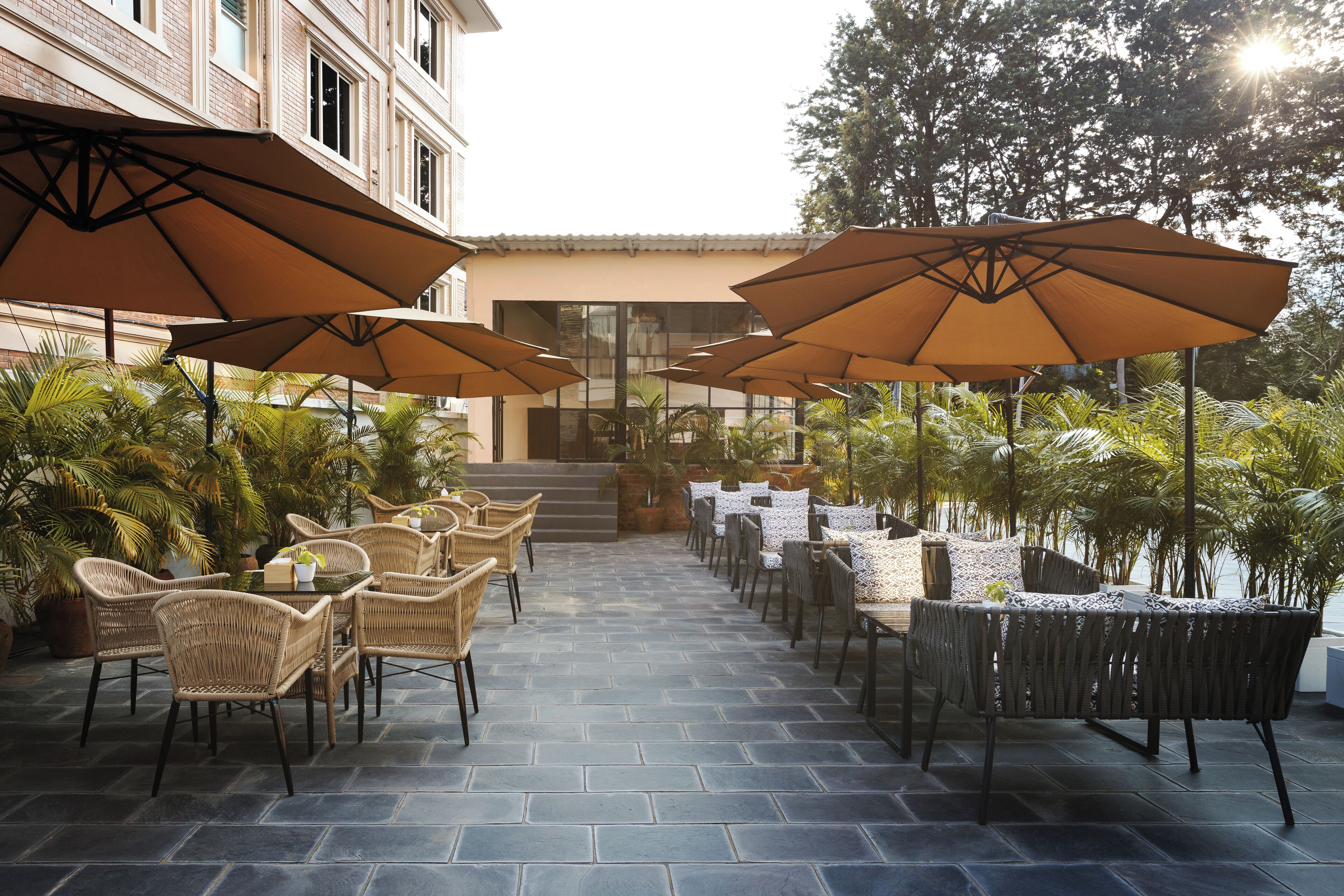 An outdoor patio with wicker chairs and tables, surrounded by potted plants and umbrellas.