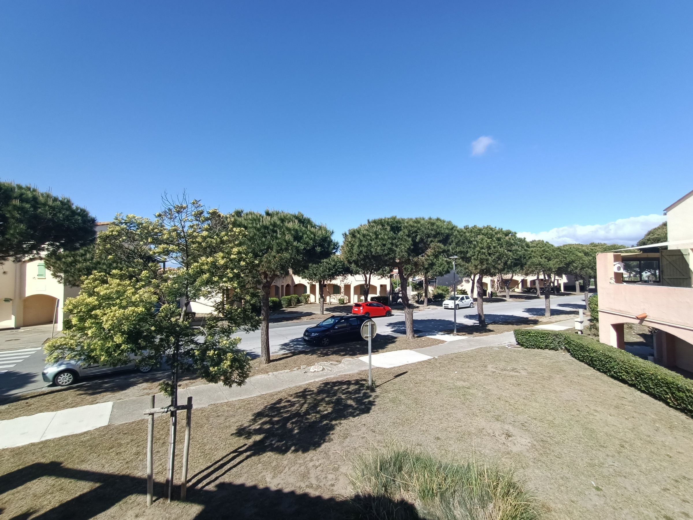 A residential street with houses, parked cars, and a clear sky.