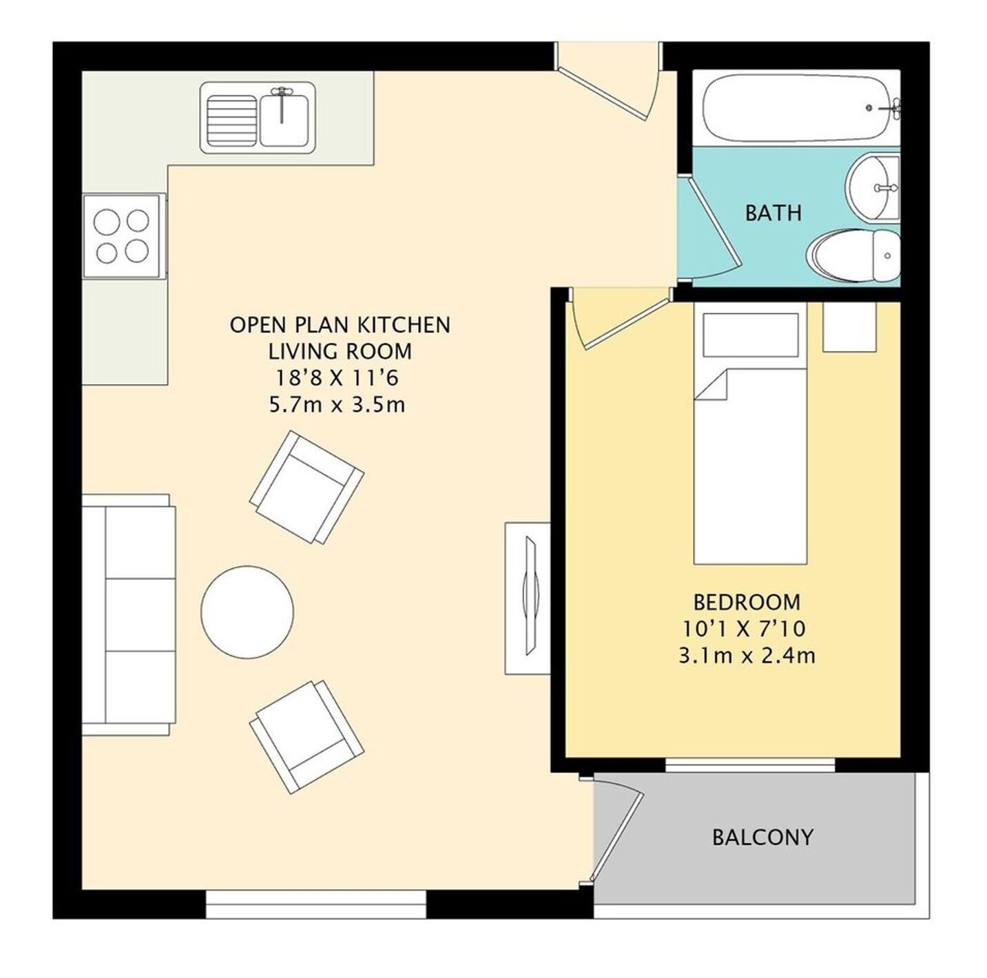 An open plan kitchen with a living room, a bedroom, a bathroom, and a balcony.