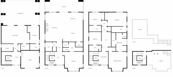 A multi-floor apartment layout with a covered patio, dining area, living room, kitchen, multiple bedrooms, bathrooms, a garage, and a terrace. - Sleeps 28! Oasis w Pool, Spa, LSV, Bikes, Basketball Court, Game Room! 5 Floors! 30A Dream Home! (Santa Rosa Beach)