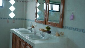 Ένα μπάνιο με δύο νιπτήρες, έναν καθρέφτη και ένα μικρό φυτό σε γλάστρα.