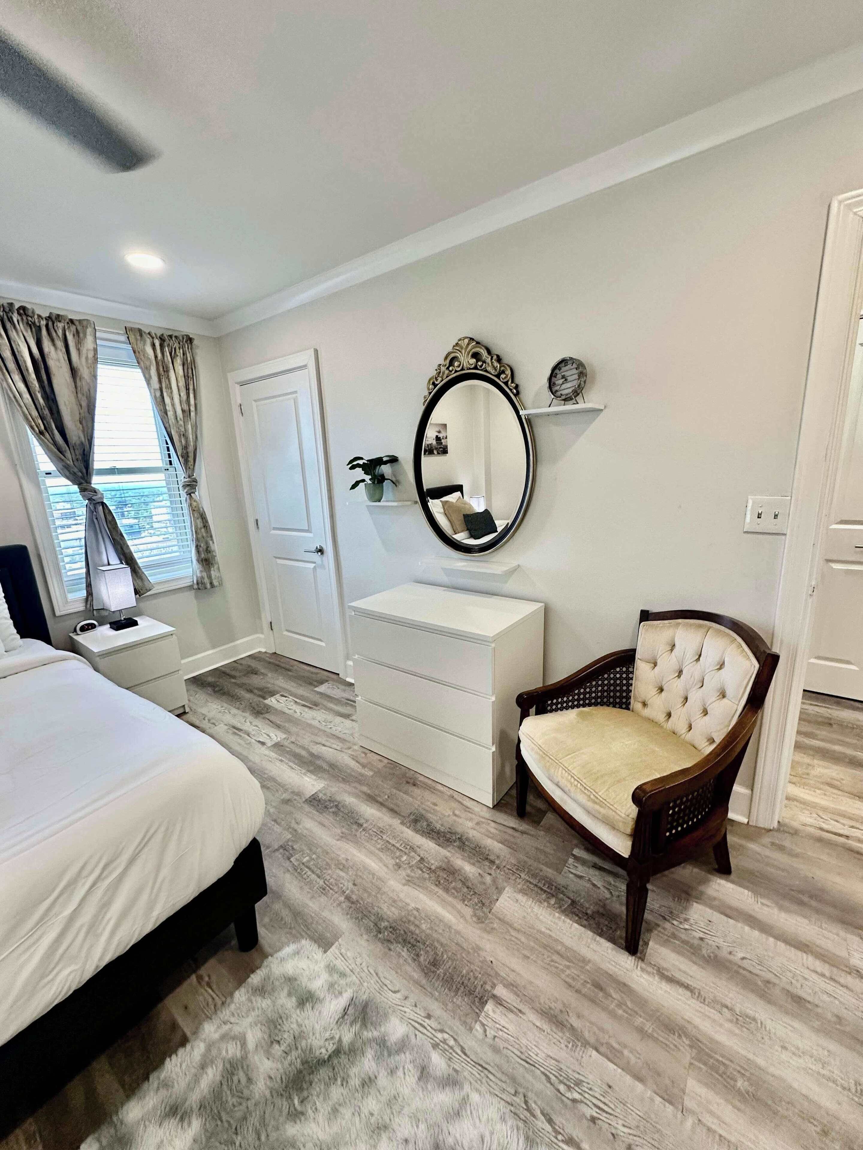 1 bedroom, desk, iron/ironing board, travel crib