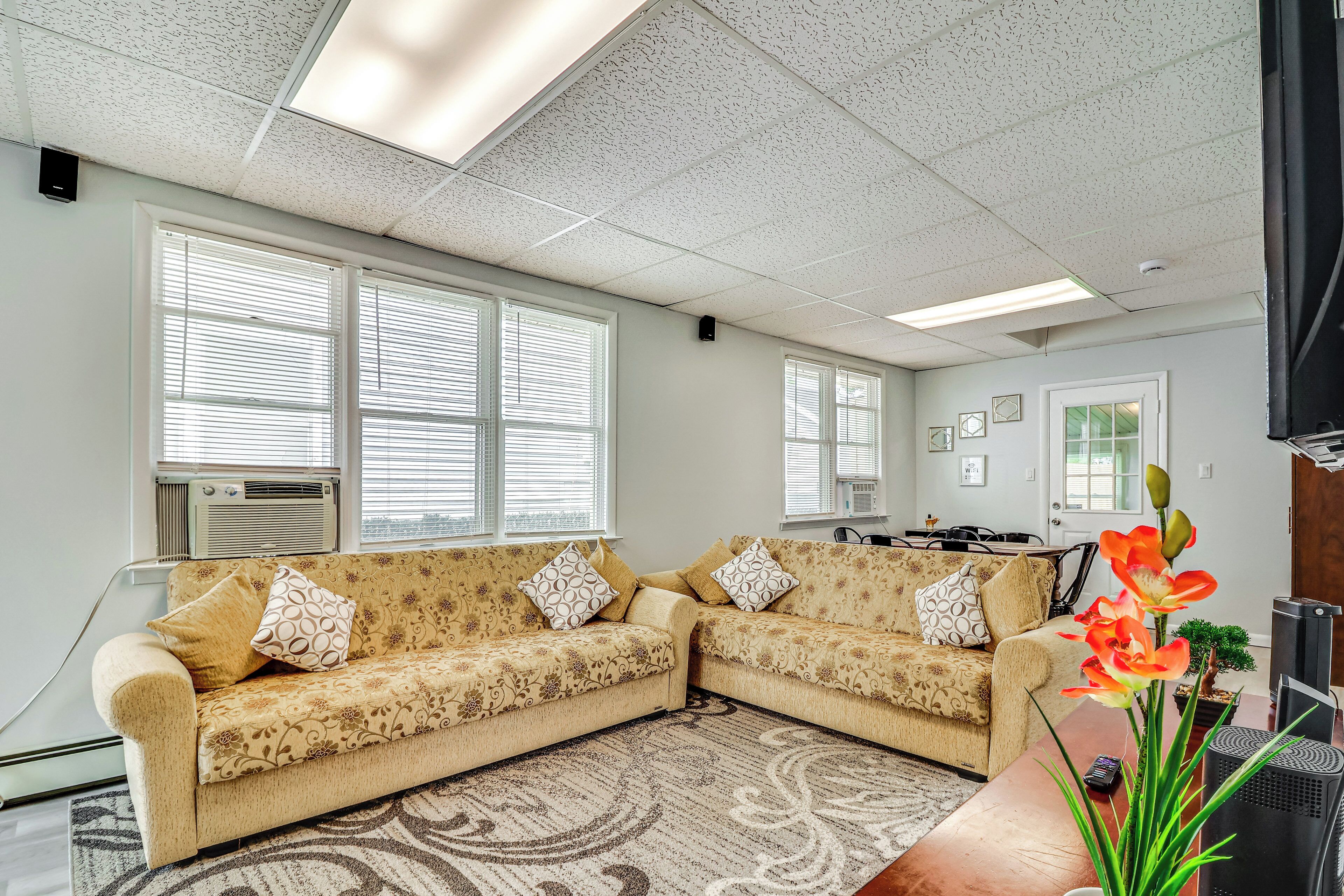 A living room with two beige sofas, a patterned rug, and a potted plant.