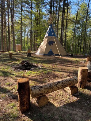 Lots of space and tranquility outside of the tipi, with an in-ground fire pit.  - Sleep under the trees in a Native American Tipi - off-grid glamping experience! (Check)