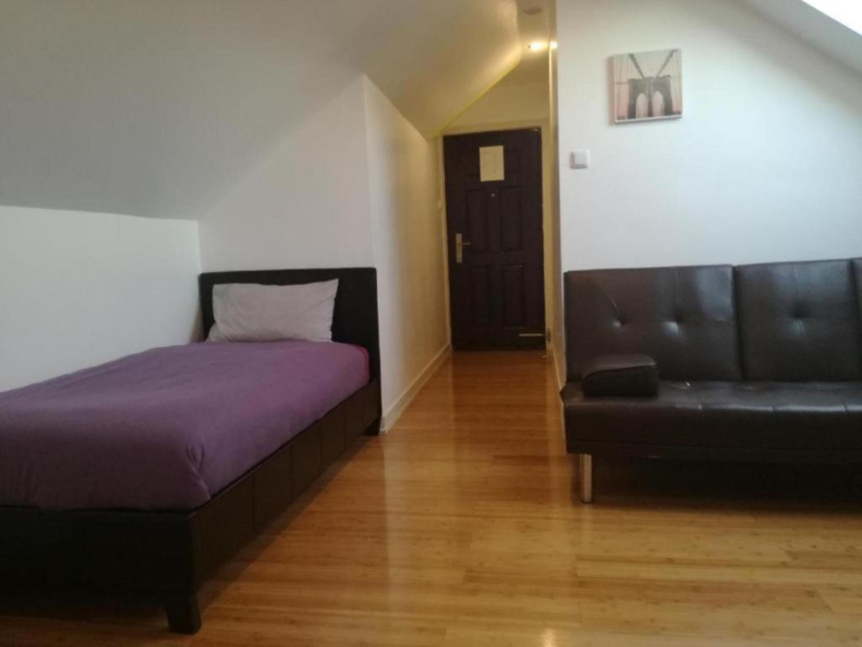 A room with a bed, a sofa, wooden flooring, a door, and a wall-mounted picture.