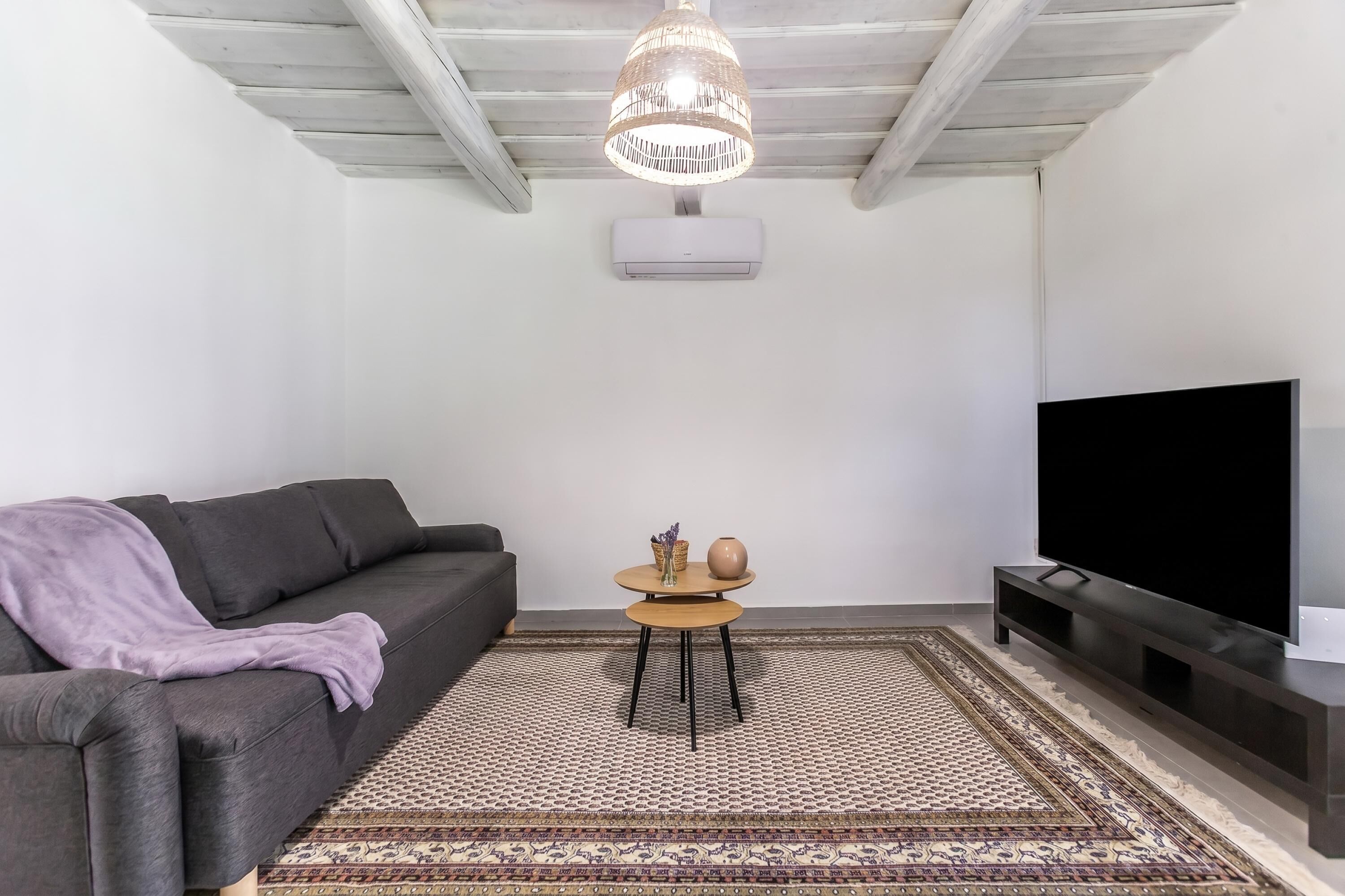 A living room with a sofa, a TV, a patterned rug, a hanging light fixture, and a small table with decorative items.