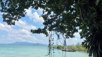 Ein Strand mit einer Schaukel unter einem Baum, klares Wasser und entfernte Berge.