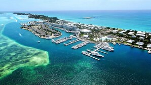 Una vista aerea di un resort costiero con un porto turistico, acque cristalline turchesi e diversi edifici, tra cui hotel e ville.