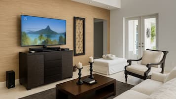 Smart TV, fireplace, ping pong, books