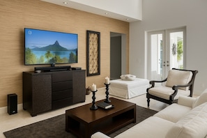 Smart TV, fireplace, ping pong, books