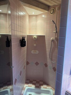 Un petit espace de douche carrelé, équipé d’un pommeau de douche à main et d’un panneau de commande.