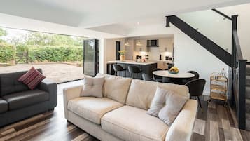 TV, fireplace, books, offices