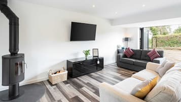 TV, fireplace, books, offices