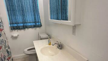 Un bagno con un lavandino bianco, uno specchio sopra e un water. Sul pavimento c'è un tappeto nero, ed è visibile un cestino.