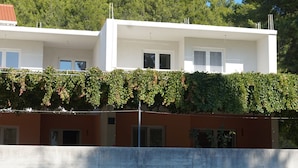 A modern building with a white facade and a lower section covered in green ivy. - Beach House Žuljana (Ston)