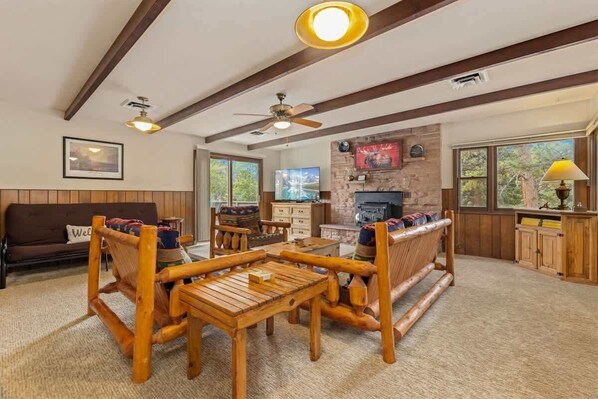 تلفزيون، مدفأة، مشغل دي في دي، كُتُب