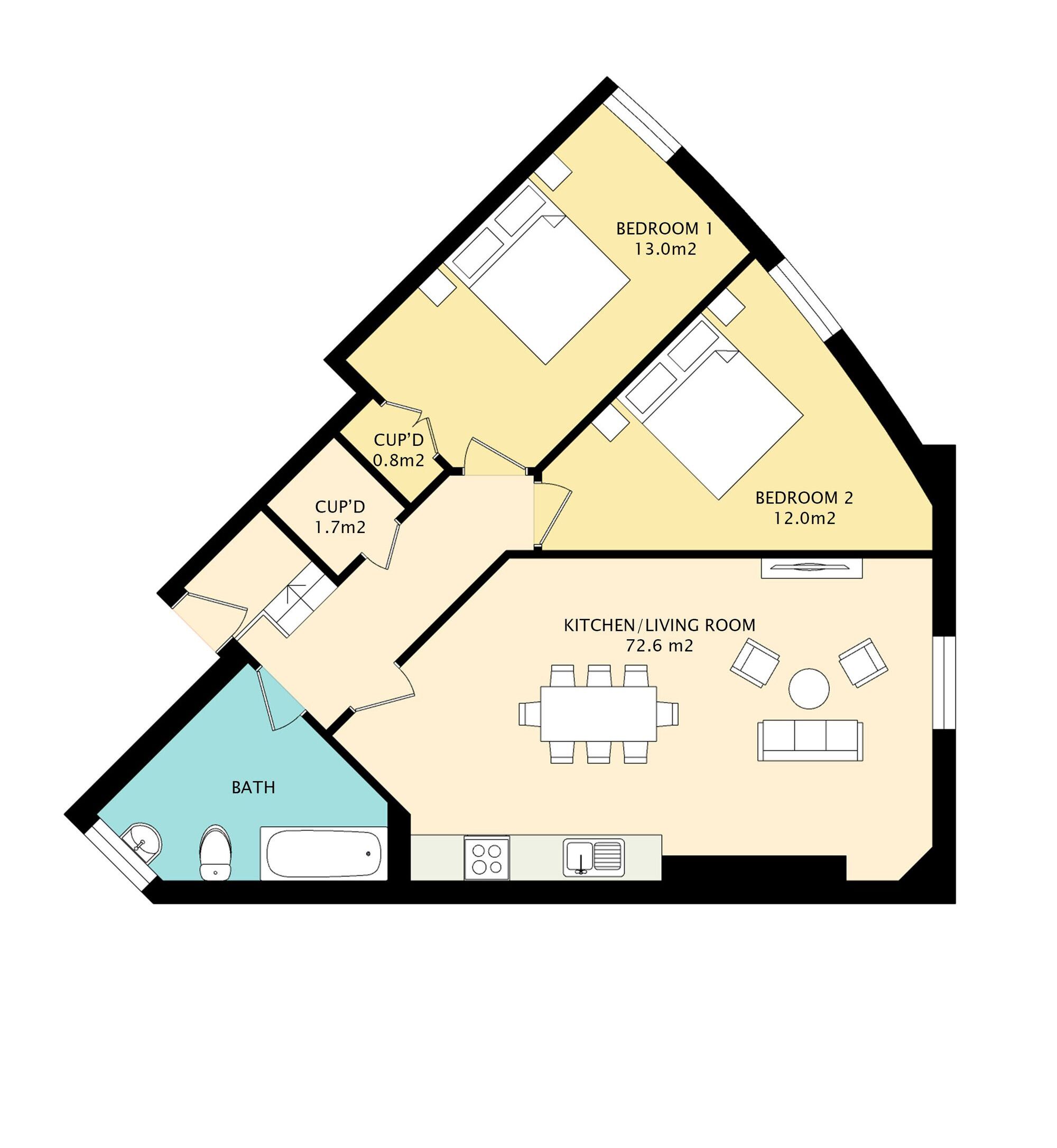 A floor plan with two bedrooms, a kitchen/living room, a bathroom, and two cupids.