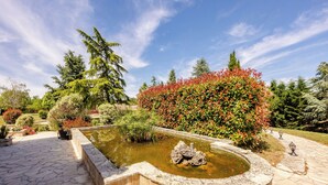 Un jardín con un estanque, un sendero de piedra y diversas plantas.