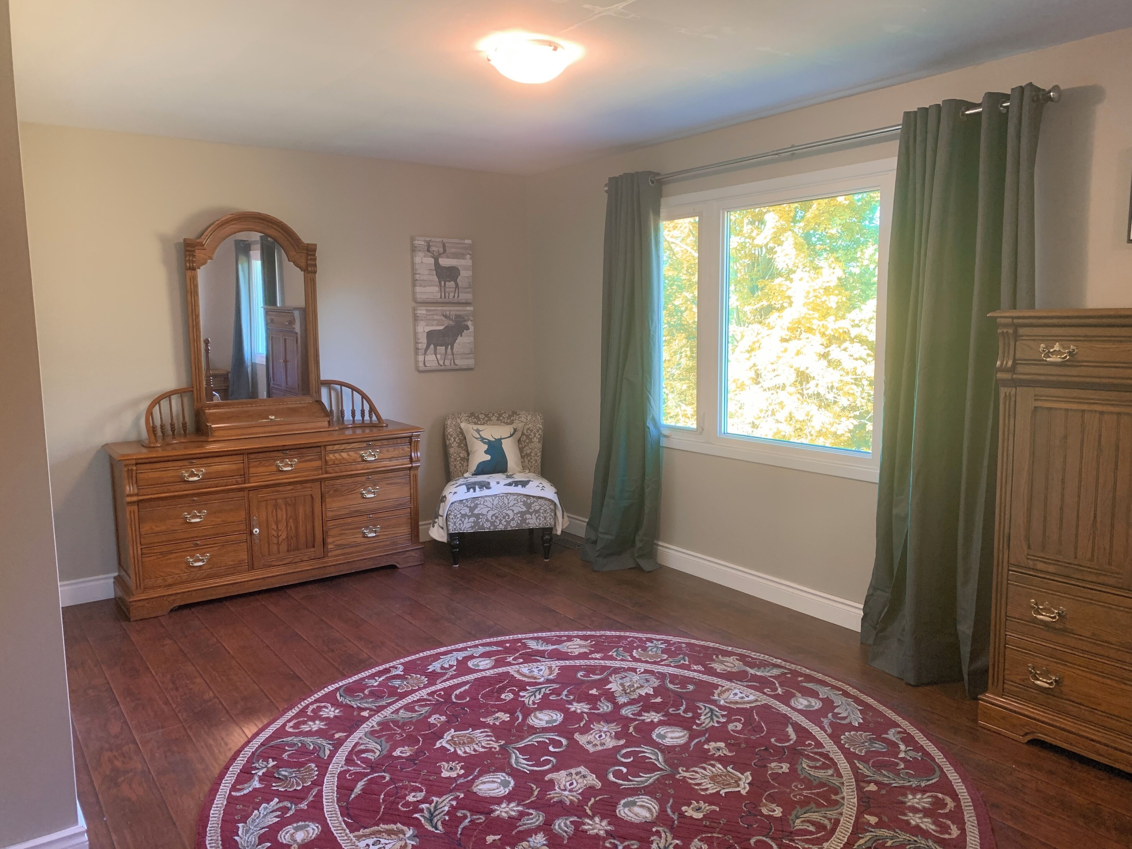 A room with a wooden dresser, a chair with a patterned cushion, a round red rug, and a window with green curtains.