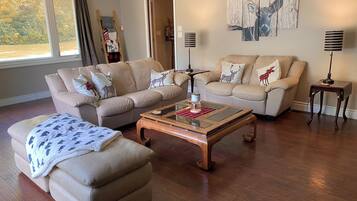 Smart TV, fireplace, DVD player, foosball