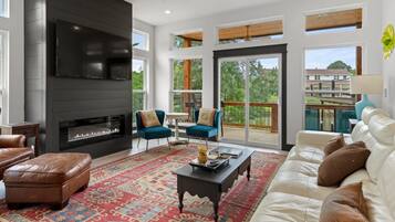 TV, fireplace, books