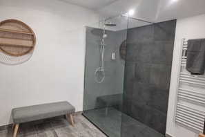Shower, hair dryer, towels