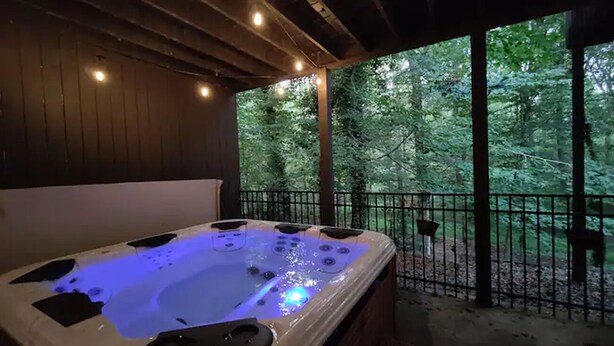 Ein Whirlpool mit einer Holterrasse und Blick auf einen Wald.