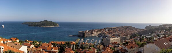 A coastal city with historic architecture, a fortified castle, and a small island.