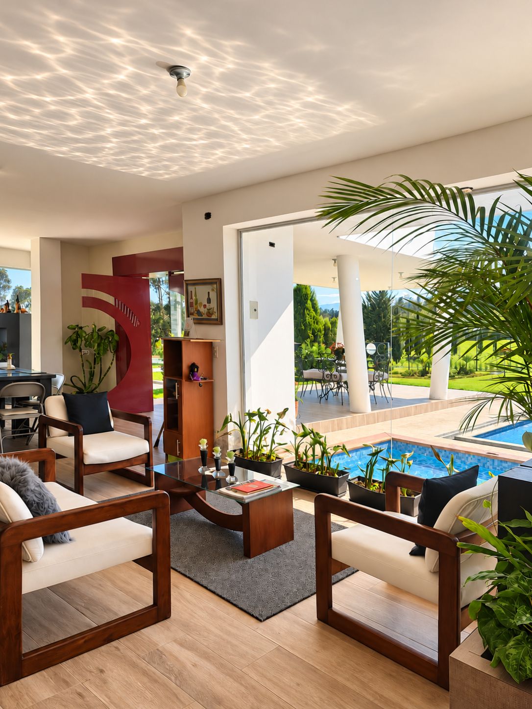 Ein modernes Wohnzimmer mit Blick auf einen Pool, Holzmöbel und Zimmerpflanzen.