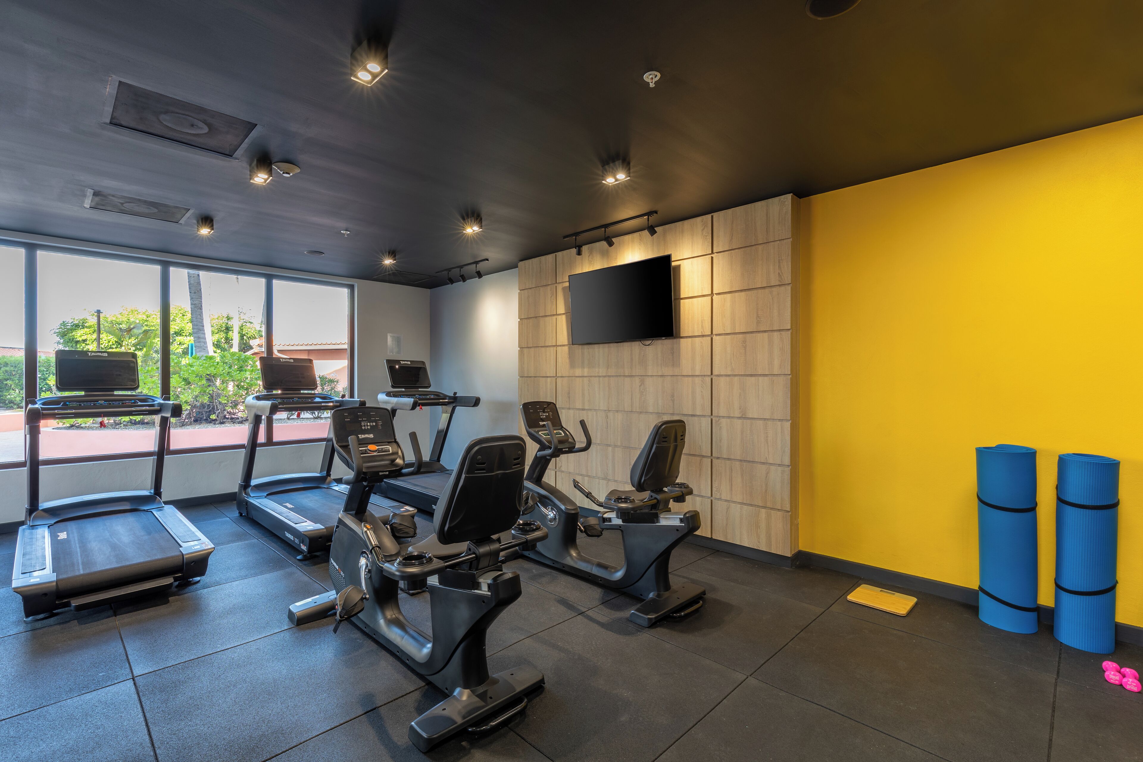 Ein Fitnessstudio mit Laufbändern, Crosstrainern und einem Fernseher an der Wand.