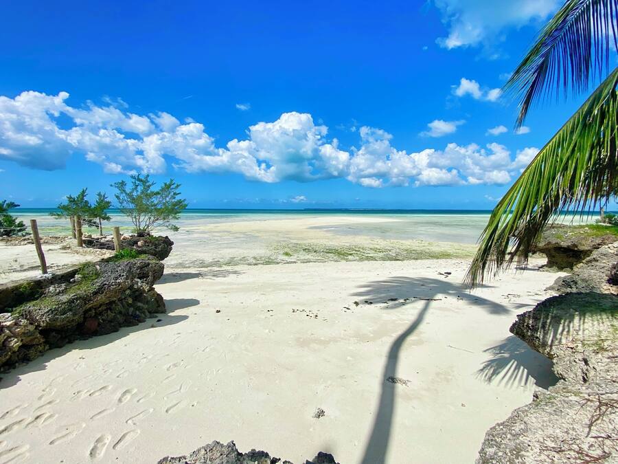 Privat strand, hvit sand, solsenger og parasoller