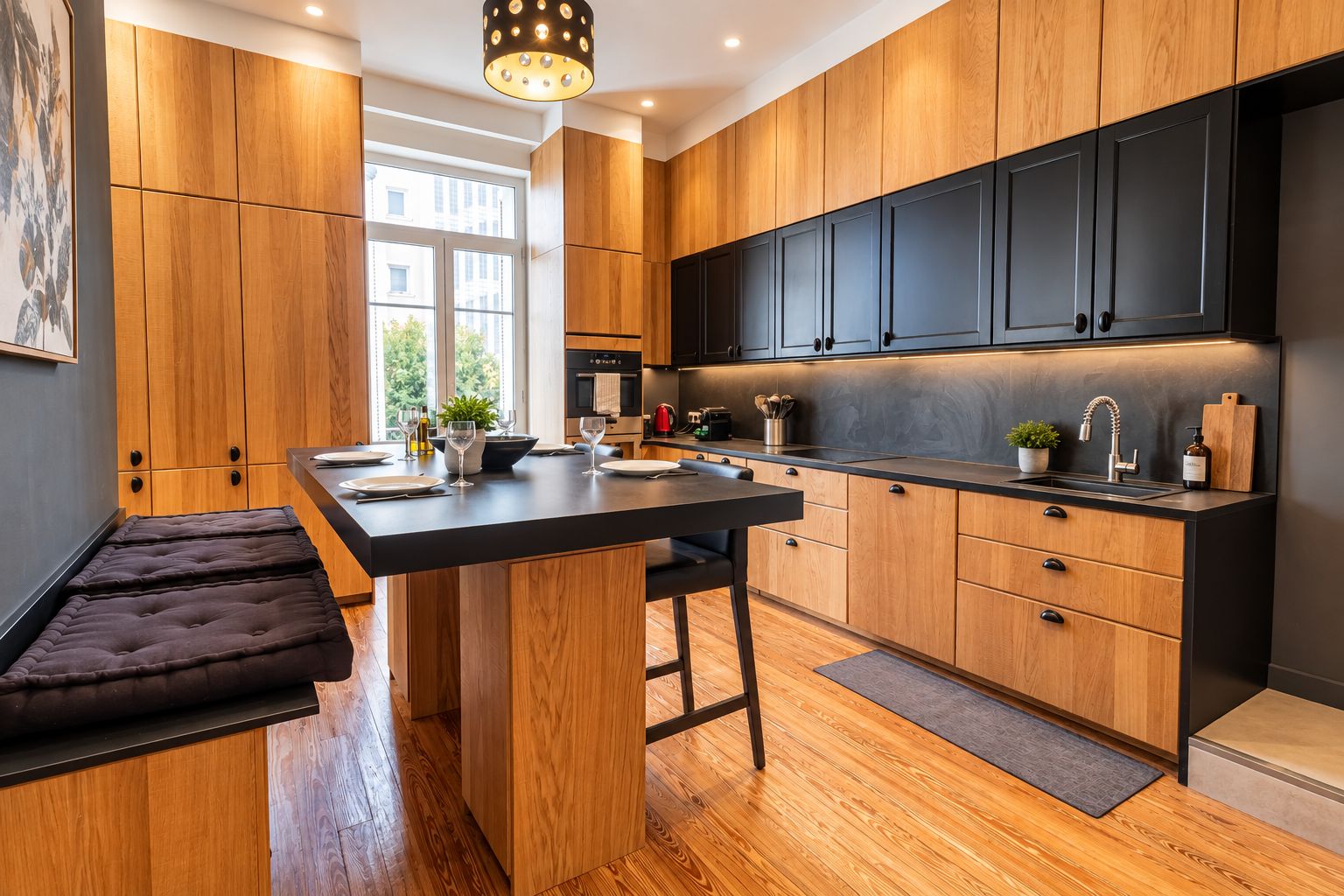 Een moderne keuken met houten kastjes, een zwart aanrecht en een ingebouwde oven.