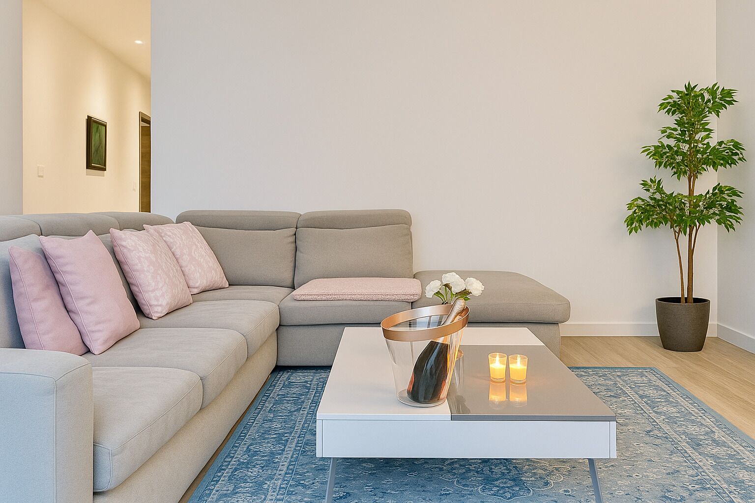 Een moderne woonkamer met een grijze bank, een witte salontafel en een potplant.