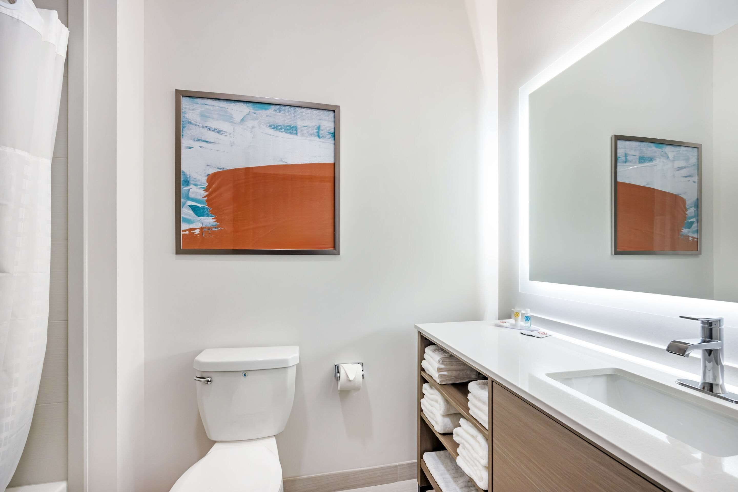 Une salle de bain moderne avec des toilettes, un lavabo et un grand miroir. On y trouve des serviettes sur une étagère et un tableau abstrait encadré au mur.