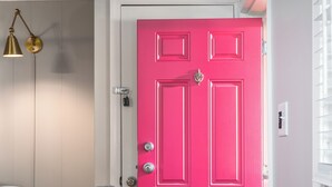 A room with a bright pink door, a gray sofa with patterned pillows, and a ceiling light fixture. - Historic 7-BR Mansion w/ Private Creek, Near Park (Burlington)