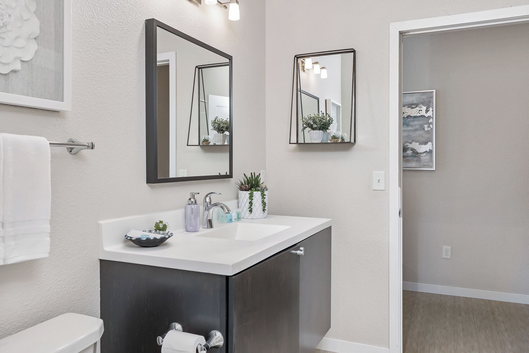 Hair dryer, towels, soap, shampoo