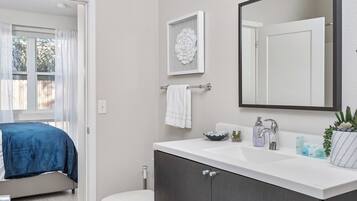 Hair dryer, towels, soap, shampoo